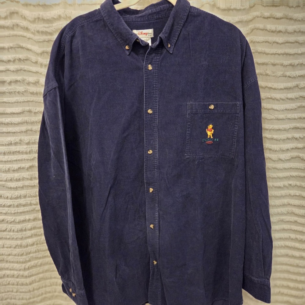 Vintage Disney Winnie The Pooh Corduroy Embroidered Navy Blue Button Up XXL